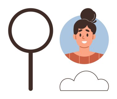 Mavi arkaplan ve bulut simgesi ile çevrili bir kadın portresinin yanında büyüteç. Yetenek edinme, insan araştırması, dijital bilgi, teknoloji, bulut hizmetleri, kullanıcı için ideal