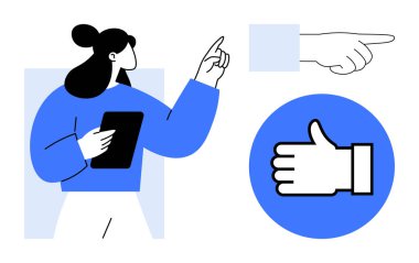 Kadın tableti tutarken ve hareketi işaret ederken yönlü bir el ve baş parmak işareti de var. Takım çalışması, rehberlik, onay, iletişim, üretkenlik, motivasyon, basit iniş sayfası için ideal