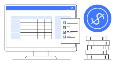 Veri tablolu bilgisayar ekranı, görevler için kontrol listesi, para simgesi ve para desteleri. Finans, muhasebe, verimlilik, organizasyon bütçesi iş akışı ve analiz için idealdir. Basit düz metafor