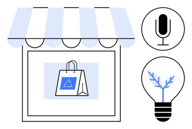Geri dönüştürülmüş bir kağıt torba, iletişim için mikrofon ve eko ampullü bir dükkan. Sürdürülebilirlik, yenilik, perakende, e-ticaret, iletişim, yeşil enerji sade iniş sayfası için ideal