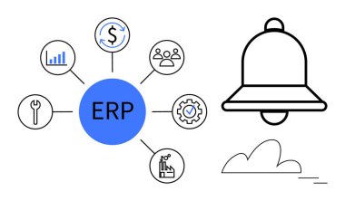 Analiz, finans, yönetim, araçlar, üretim ve onaylama için çevre simgelere sahip merkezi ERP simgesi. Tebligat zili ve soyut bulut uyarıları ve bulut temelli çözümler. İdeal