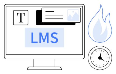 Computer screen displaying LMS interface with text, media icons, clock, and flame. Ideal for education, e-learning, time management, productivity, multimedia digital content simple flat metaphor clipart svg vector 