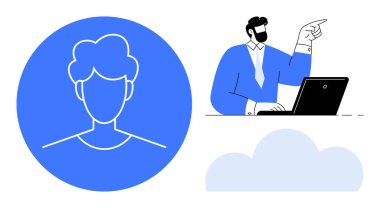 Yönetici dizüstü bilgisayar üzerinde çalışırken jestler, mavi fon üzerinde kullanıcı profili simgesi ve bulut şekli. Takım çalışması, liderlik, teknoloji, kullanıcı arayüzü, uzaktan çalışma, kimlik iletişimi için ideal