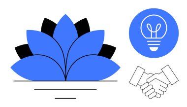 Büyümenin mavi nilüfer çiçeği sembolü, ortaklık için el sıkışma ve yenilik için ampul. İşbirliği için ideal, takım çalışması, iş stratejisi, yenilik, ortaklık, ilham kaynağı basit iniş sayfası