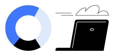 Bulut sembollü, veri transferini, çevrimiçi depolamayı ve analitiği temsil eden bir dizüstü bilgisayarın yanında mavi gradyan pasta gradyanı. Teknoloji, bulut hesaplama, dijital hizmetler, veri analizi için ideal