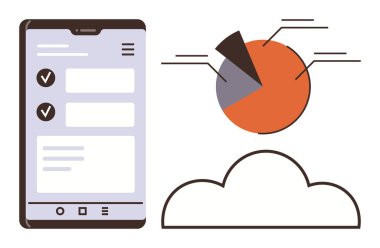 Bir segmentli pasta grafiği ve bulut ögesinin yanında kontrol listesi arayüzü gösteren akıllı telefon ekranı. Mobil uygulamalar, veri analizleri, bulut hesaplaması, dijital araçlar, bağlantı, istatistik için ideal