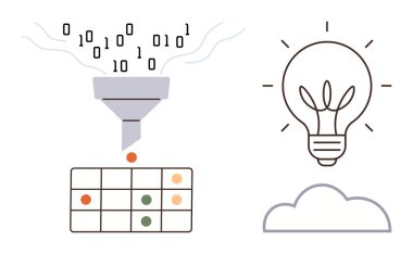 İkili kod bir huniden organize verilere akar ve bir ampul ve buluta yol açar. Veri analizi için ideal, süreç optimizasyonu, yenilik, yaratıcılık, büyük veri, beyin fırtınası, bulut