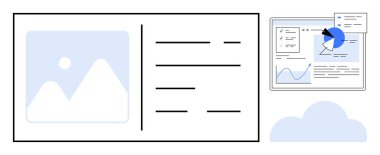 Resim, metin ve görsellere sahip bir belge düzenini ve grafikler ve analiz araçları içeren bir paneli gösterir. Veri görselleştirme, analitik, bulut hesaplama, UIUX tasarımı, iş akışı, raporlama için ideal