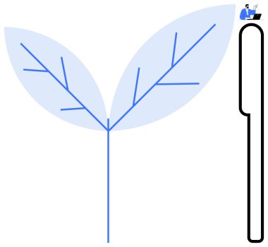 Damarlı iki yapraklı stilize mavi bitki sapı, soyut şekilli dizüstü bilgisayarlı iş adamı. Büyüme, doğa, iş, yenilik, minimalizm, sürdürülebilirlik ofis dinamikleri için idealdir. Basit.