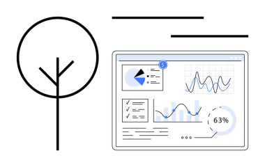 Grafikleri, grafikleri ve analitik raporları gösteren veri odaklı gösterge panelinin yanındaki minimalist ağaç ana hatları. Sürdürülebilirlik, teknoloji, veri analizi, ekolojik çözümler, yeşil işletmeler için ideal