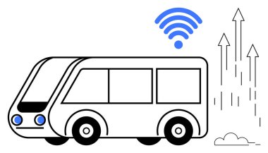 Kablosuz sinyal simgesi ile donatılmış modern otobüs, büyümeyi, yeniliği ve geliştirilmiş ulaşım hizmetlerini sembolize eden yukarı doğru oklar. Hareket, teknoloji, IOT, ilerleme, verimlilik seyahati için ideal