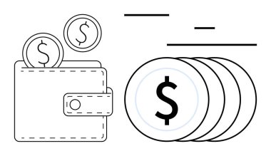 Bozuk paraların yanında para bulunan cüzdan para, finans, ekonomi veya tasarruf öneriyor. Finansal planlama, bütçe, ekonomi, bankacılık, refah yatırımı veya basit bir iniş sayfası için ideal