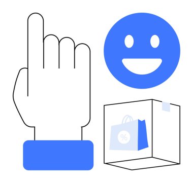 İşaret parmağı yukarı işaret ediyor, mavi gülen yüz, ve alışveriş torbası içinde kullanıcı etkileşimi, pozitiflik ve çevrimiçi alışveriş. E-ticaret, kullanıcı bağlantısı, promosyonlar, geri bildirim UIUX için ideal