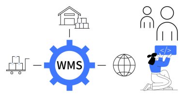 Depoyu bağlayan WMS etiketli araç, kodlama uzmanı, ekip ve dünya. Lojistik, teknoloji, takım çalışması, tedarik zinciri çevrimiçi araç depolama sistemi için ideal basit iniş sayfası