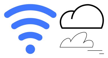 Mavi kablosuz sinyal simgesi ile ana hatları çizilmiş bulut çizimleri bağlantı ve bulut depolama kavramlarını temsil ediyor. Teknoloji, ağ, bulut sistemleri, iletişim, veri transferi için ideal