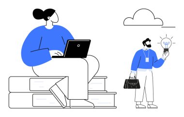 Kitapların üzerinde oturan biri dizüstü bilgisayar kullanıyor, diğeri de parlayan bir ampul tutuyor. Eğitim, takım çalışması, yaratıcılık, fikirler, yenilik, akıl hocalığı sorunları çözmek için idealdir. Basit düz metafor