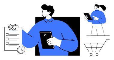 İnsanlar kontrol listelerini analiz ediyor, online alışveriş yaparken tabletleri tutuyor. Üretim için ideal, uzaktan çalışma, zaman yönetimi, alışveriş, e-ticaret, modern yaşam tarzı, basit iniş sayfası