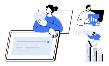 Cihazları kullanarak veri, grafik ve arama araçlarıyla etkileşime giren insanlar. Takım çalışması, analitik, dijital işbirliği, büyüme, iletişim, üretkenlik bağlantısı için ideal basit düz metafor