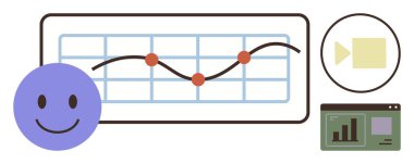 Veri noktaları, video oynatma simgesi ve metrik gösterge paneli olan bir grafiğin yanında mutlu yüz. Analiz, kullanıcı geribildirimi, içerik oluşturma, veri içgörüsü, eğilim işbirliği için idealdir. Basit düz