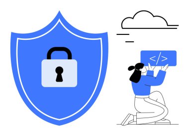 Kilit sembollü mavi kalkan güvenliği vurguluyor, kadın bulut elementi ile kodlanıyor. Siber güvenlik, veri güvenliği, güvenli programlama, bulut koruması, teknoloji eğitimi, çevrimiçi güvenlik, basit