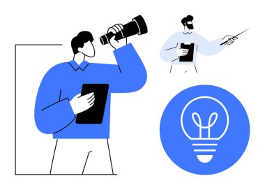 Profesyoneller bir tablet, teleskop, işaretleyici ve fikirleri simgeleyen bir ampul ile işbirliği yapıyorlar. Yenilik, planlama, takım çalışması, liderlik, araştırma vizyonu sade iniş sayfası için ideal