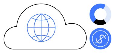 Küreye sahip bulut, bir pasta grafiği ve para birimi ikonu ile tamamlanmış küresel dijital bağlantıyı temsil eder. Veri, finans, bulut hesaplama, küresel ticaret, dijital ekonomi, analitik, basit düz