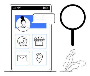 Kullanıcı profilini gösteren akıllı telefon arayüzü, mesajlaşma balonu ve büyüteç sembollü uygulama simgeleri. Teknoloji, iletişim, ağ, kullanıcı deneyimi, arama, navigasyon için ideal