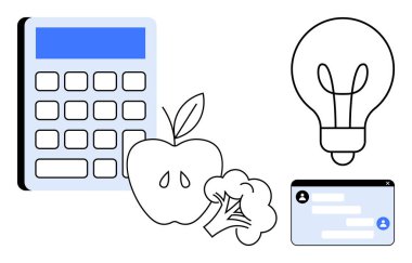 Hesap makinesi, elma, brokoli, ampul ve sohbet penceresi sağlığı, yeniliği, beyin fırtınasını, denge planlama iletişimini ve sürdürülebilir karar vermeyi sembolize eder. Sağlık ipuçları için ideal