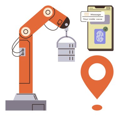 Endüstriyel robotik kol tutma sunucusu, cep telefonu kimlik doğrulama ve parmak izi doğrulaması, yer belirleme pimi. Teknoloji, güvenlik, otomasyon, lojistik, yenilik, IOT için ideal