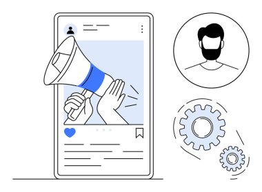 Mobil uygulama arayüzü, kullanıcı profili fotoğrafı ve ayarları sembolize eden vitesler üzerinde megafon. Pazarlama, tanıtım, sosyal medya, mesajlaşma, reklam, iletişim stratejisi için ideal