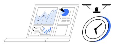 Analitik grafikleri, pasta grafiklerini ve raporları gösteren bir dizüstü bilgisayar aç, yanında da saat ve denge ölçeği olsun. Üretkenlik, verimlilik, analiz, karar verme, zaman yönetimi eşitliği için ideal