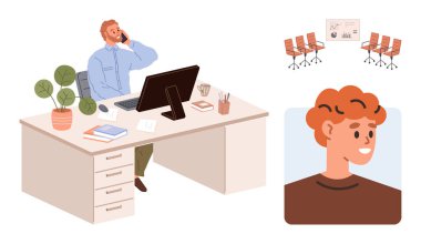 Resepsiyonda çalışan biri bilgisayarın yanında bir telefon görüşmesi yapıyor. Gülümseyen bir avatar, bitkiler ve toplantı odası sandalyeleri de dahil. İş yeri, takım çalışması, iletişim, üretkenlik, profesyonellik için ideal