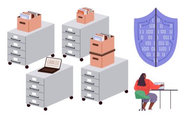Dosya dolapları, dizüstü bilgisayar, veri korumasını sembolize eden ikili kodlu kalkan ve masada çalışan bir kişi. Veri güvenliği, organizasyon, dijital mahremiyet ve arşivleme için ideal