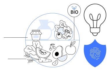Meyveler, sebzeler, kavanoz ve biyo etiketin, ampulün ve parmak izi kalkanının yanındaki dairesel çerçevede sürahi. Sürdürülebilirlik, organik tarım yenilikleri, veri güvenliği için ideal