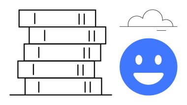 Öğrenmeyi temsil eden bir yığın kitap, pozitif olmaktan mutlu neşeli bir mavi ve minimum bulut tasarımı. Eğitim, bilgi, mutluluk, basitlik, yaratıcılık, motivasyon için ideal basit iniş