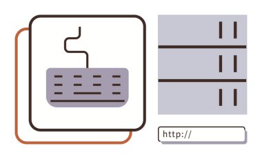 Klavye, sunucu yığını ve URL bar renklendirme web sitesi sunucusu, veri yönetimi, ağ oluşturma ve internet kullanımı. Bilişim, programlama, bulut depolama siber güvenlik veri aktarımı için ideal dijital araçlar
