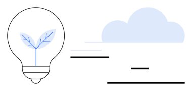 Ampul, bulut ve minimalist çizgilerle birlikte çevre dostu yeniliği sembolize eden bir yaprağı barındırıyor. Sürdürülebilirlik için ideal, yeşil teknoloji, yaratıcılık, çevre, yenilik, yenilenebilir