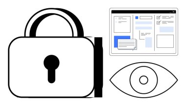 Güvenliği simgeleyen kilit, görünürlüğü temsil eden göz ve çevrimiçi içeriği simgeleyen dijital arayüz. Veri koruması, gizlilik, siber güvenlik, erişim kontrolü, izleme ve kullanıcı için ideal