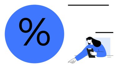 Tablet tutan ve işaret eden bir kadının olduğu büyük mavi yüzde işareti. Finans, analiz, iş, istatistik, veri sunumu, danışmanlık ve basit iniş sayfası için ideal