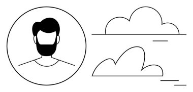 Bir daire içinde sakallı ve soyut doğrusal bulut şekilleriyle eşlik eden siyah bir erkek portresi. Kimlik, profil, yaratıcılık, doğa, markalaşma, basitlik iletişimi için ideal. Temiz