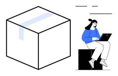 Lojistik, uzaktan çalışma, yaratıcılık, işbirliği, modern yaşam tarzı, yenilik ve e-ticareti basit bir düz metaforda sembolize ederek, bir kutunun yanında otururken dizüstü bilgisayar kullanan bir kadın.