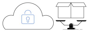 Veri güvenliğini sembolize eden kilitli bir bulut, eşitliği, eşitliği ve kaynak yönetimini temsil eden bir denge ölçeğinde kutu. Teknoloji, politikalar, siber güvenlik, adalet ve adalet için ideal.