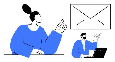 Zarf grafik ve dizüstü bilgisayarının yanında odaklanmış ifadelerle strateji kuran iki profesyonel. Takım çalışması, iletişim, e-posta, işbirliği, ofis iş akışı, dijital strateji, üretken