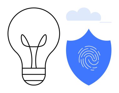 Ampul, fikirleri ve parmak iziyle geliştirilen mavi kalkanı, dijital temalar için güvenlik ve kimlik koruma bulutunu sembolize eder. Teknoloji için ideal, siber güvenlik, verimlilik, yaratıcı