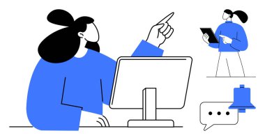 Yanında tablet tutan bir meslektaşı olan bir kadın, masaüstü ekranını işaret ederken tartışmaya başladı. Takım çalışması, iletişim, iş, teknoloji, eğitim, işbirliği için ideal