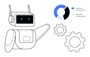 Veri tablosu ve viteslerle hareket eden robot. Yapay zeka, otomasyon, yenilik, teknoloji, robot bilimi, veri analizi ve basit bir iniş sayfası için ideal. Çizgi benzetmesi. Basit satır simgeleri