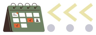 İşaretli görevleri, kullanıcı simgesini ve planlama, zamanlama ve zaman yönetimini gösteren yön oklarını içeren masa takvimi. Üretkenlik, organizasyon, iş akışı, son teslim tarihleri takım çalışması projesi için ideal