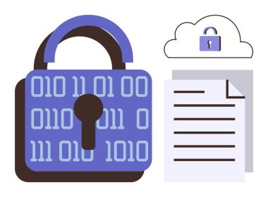 Lock displaying binary code, cloud with lock, and a document illustrating data protection. Ideal for cybersecurity, encryption, online safety, data security, privacy, digital safety simple flat clipart svg vector 