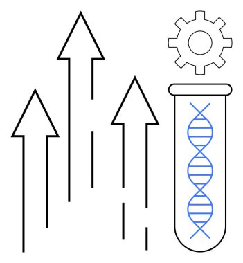 DNA teli yukarı doğru çıkan oklar ve dişli çarkların yanında büyümeyi, yeniliği, araştırmayı, gelişmeyi, bilimi, deneyleri ve teknolojiyi gösteriyor. Biyoteknoloji ve sağlık hizmetleri için ideal