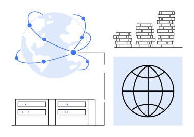 Dünya çizgilerle, veri sunucularıyla, istiflenmiş kitapların büyüme grafiğiyle ve basit dünya ızgarasıyla birbirine bağlı. Teknoloji, ağ oluşturma, veri analizi, büyüme eğitimi küresel ulaşım için idealdir. Basit düz